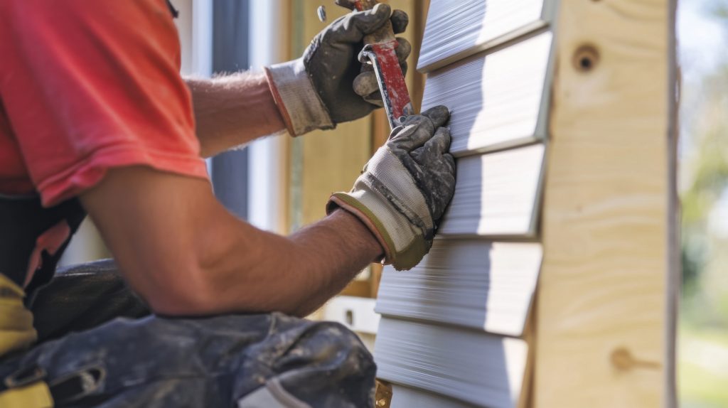 A construction worker attaching siding to a house. Featuring precision and focus