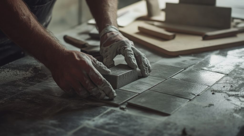 A tile setter laying tiles in a kitchen at a construction site. Featuring skill and accuracy