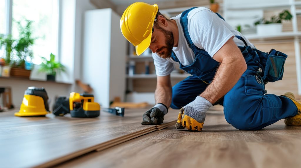 A worker wearing a hardhat and gloves is fitting a wooden floor in a modern home setting, indicating the importance of safety and precision in construction and flooring installation.