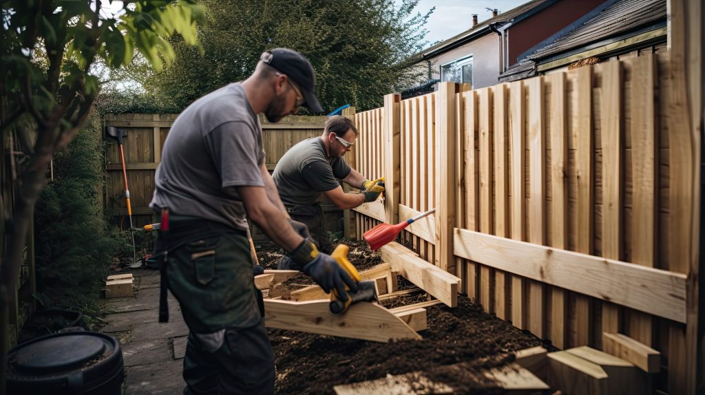 Builders as they diligently construct a wooden fence around a property, showcasing their expertise in creating a secure. Generated by AI.
