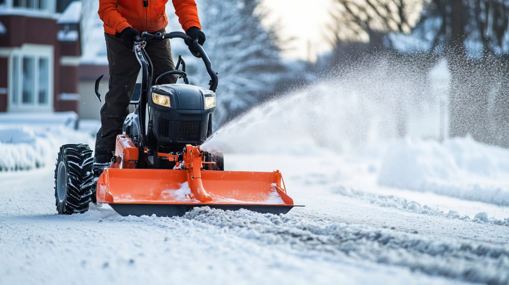 Clearing snow from streets with a snowblower. AI generated image