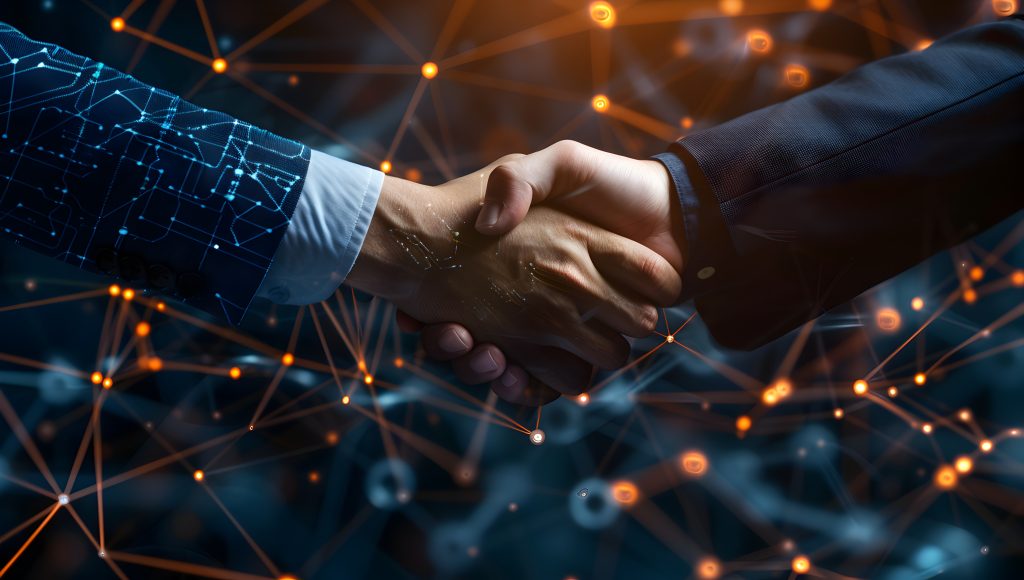 Handshake with digital network connections, symbolizing the connection between business and technology for trust in data exchange on a dark background