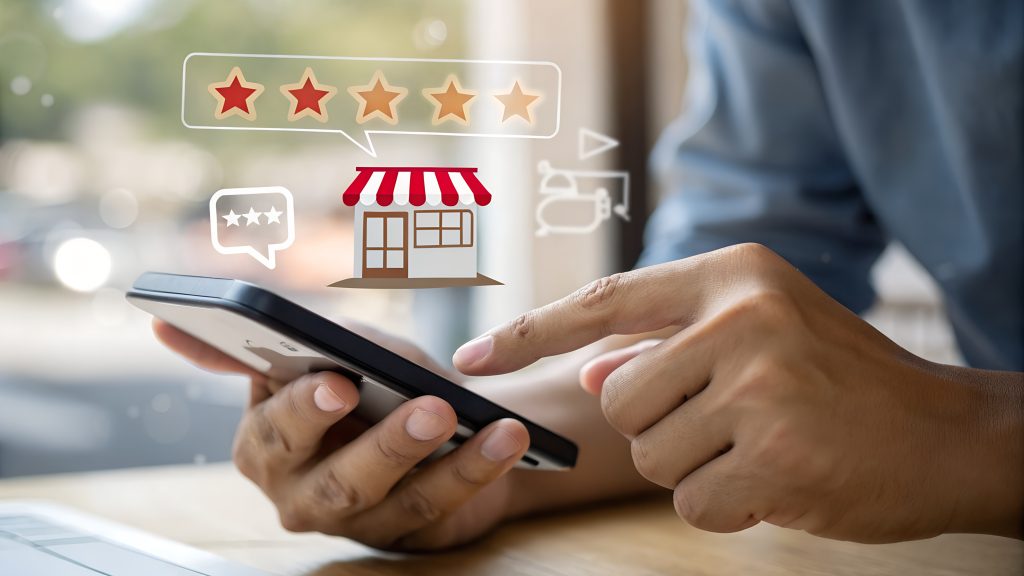 Local business reviews and customer feedback system on mobile device, showcasing star ratings for small businesses. Digital marketing, local SEO, and consumer experience in online business reviews