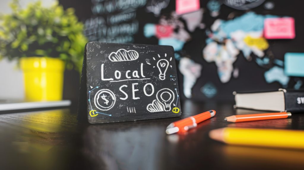 Local seo text written on black chalkboard with colorful sticky notes and office supplies scattered around