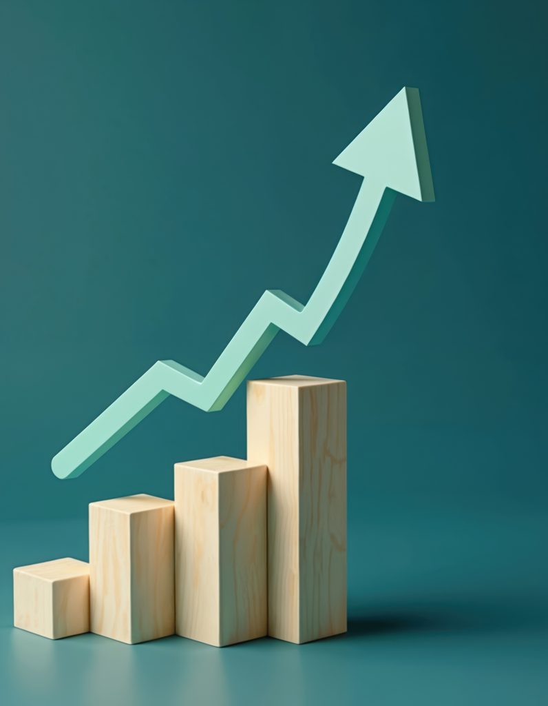 Rising arrow points up over wooden blocks graph steps on blue background. Investment, income, inflation, growth, success, business goal concepts. Growth diagram indicates marketing and sales progress.