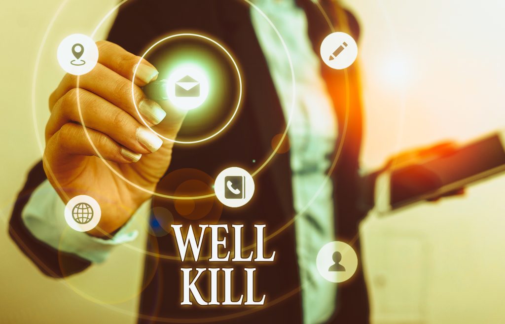 Text sign showing Well Kill. Business photo showcasing operation of placing a column of heavy fluid into a well bore