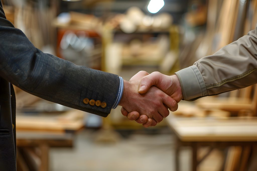 Two individuals shaking hands in a workshop, symbolizing agreement or partnership.