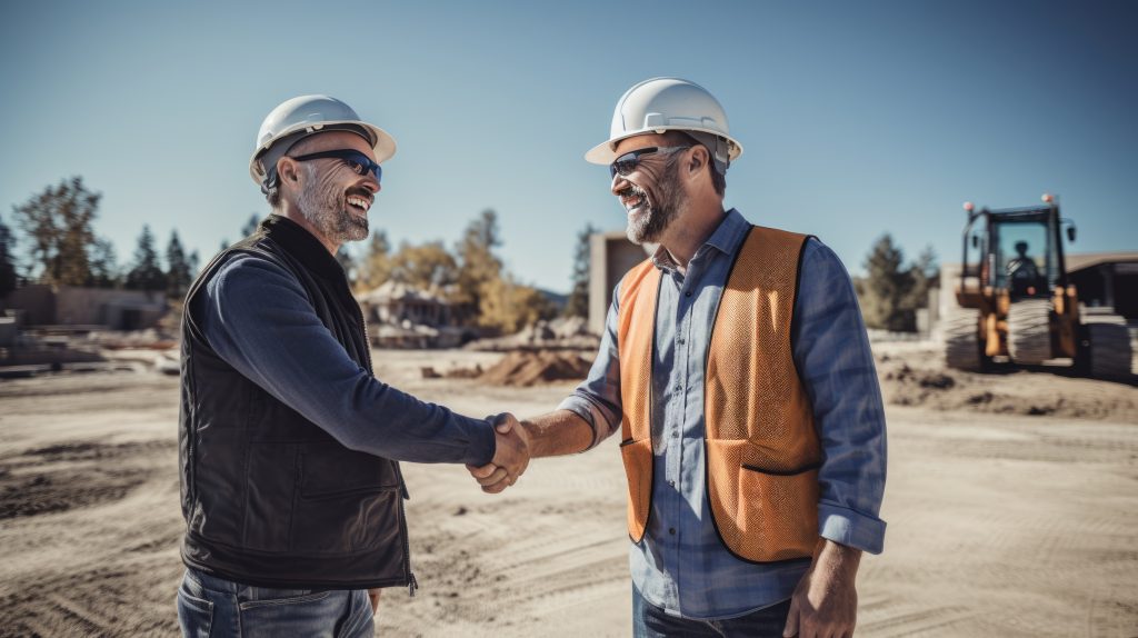 Two smiling construction workers, shaking hands at a construction site with heavy machinery in the background