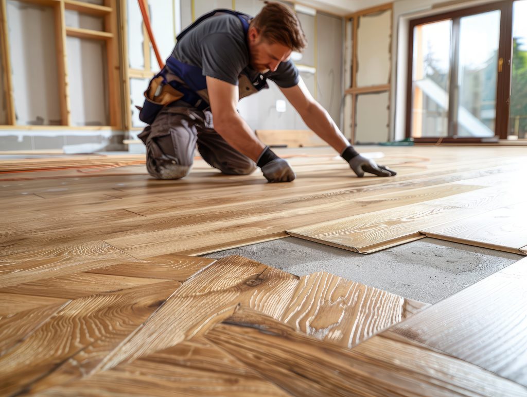 Worker Installing Hardwood Flooring in Bright Room